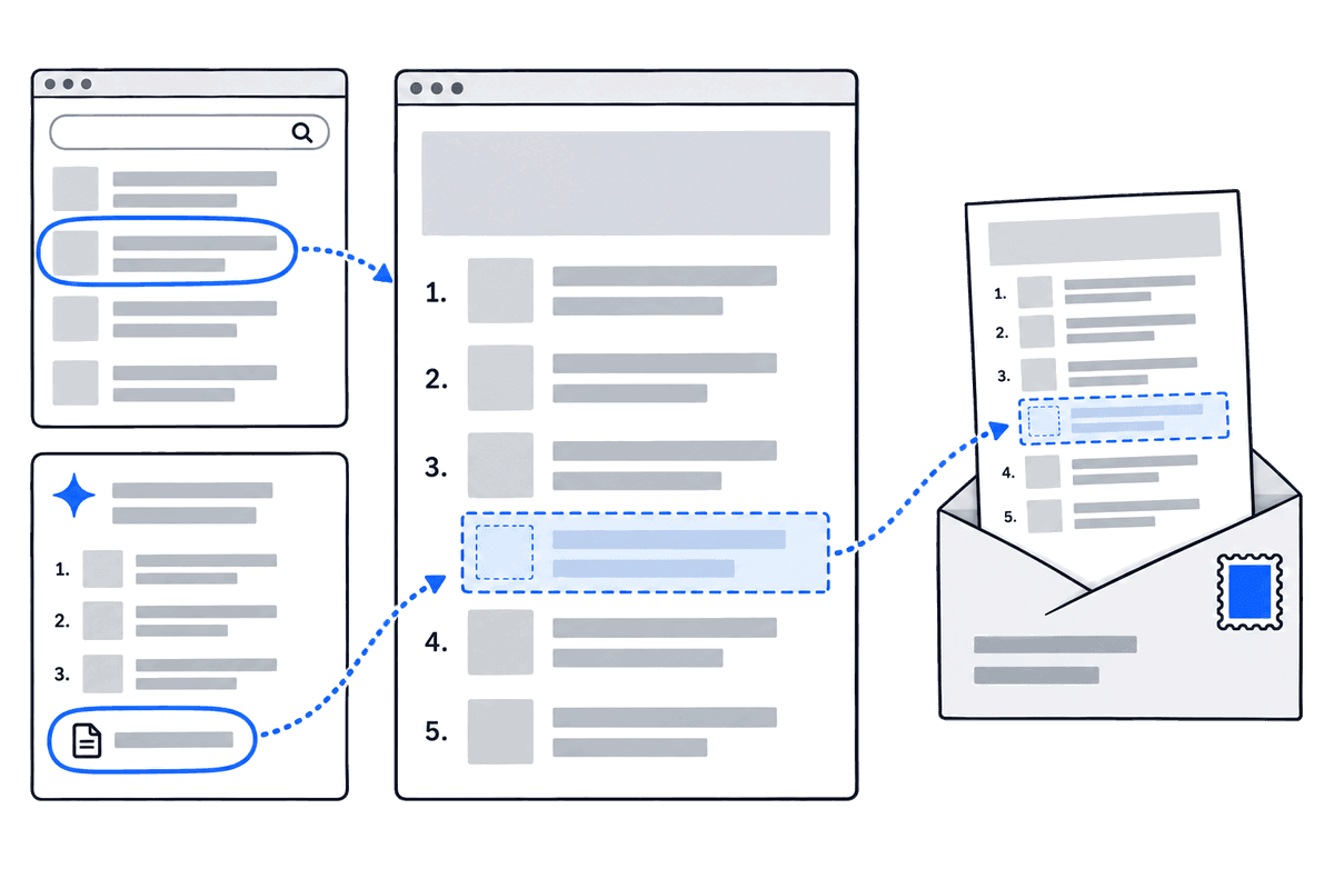 Drawing: a Google result and a page an AI assistant quotes both lead to the same list article. The list has an empty place for you, and an email about that page goes to its editor.