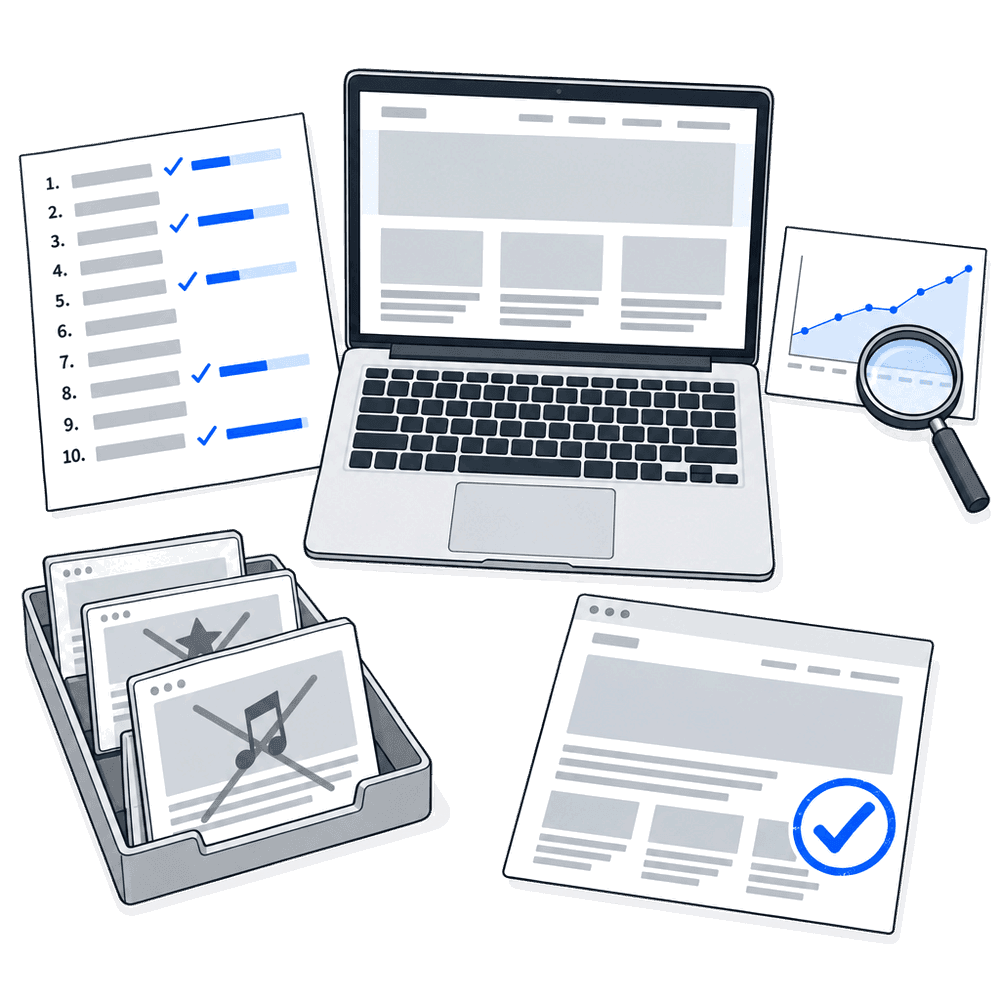 Drawing: a website open on a laptop, with the client's keyword list beside it and a traffic chart. Rejected sites are in a tray. One site gets a check mark.